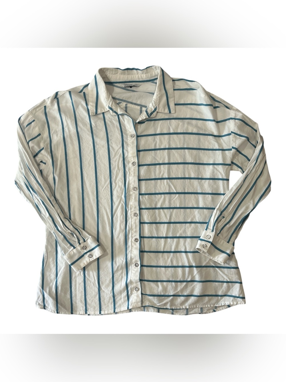 Esprit Striped Button-Up Shirt in White and Teal Sz XL